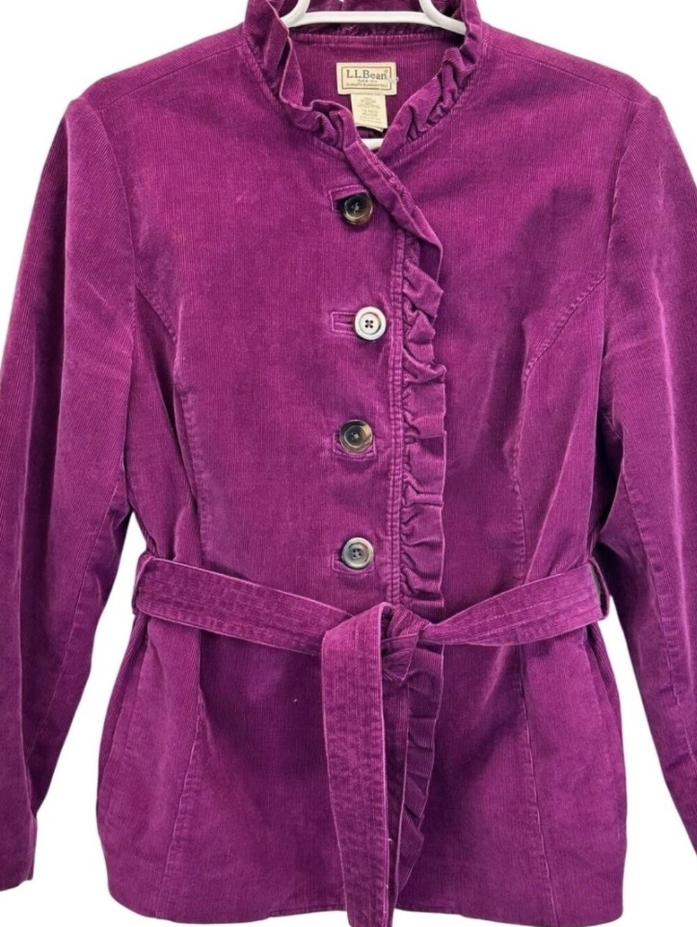 L.L. Bean Womens Corduroy Jacket Ruffled Front Placket Plum Coat Size 18
